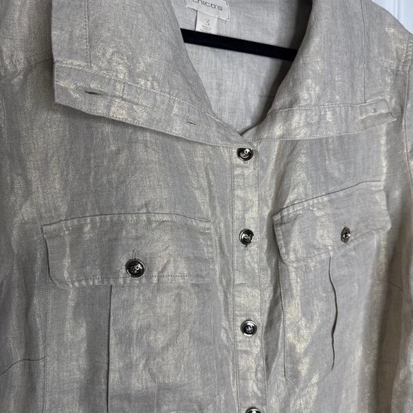 CHICO'S Gold Shine 100% Linen Utility Jacket Button-Tab Cuffs Chico's 3/XL - Picture 3 of 8